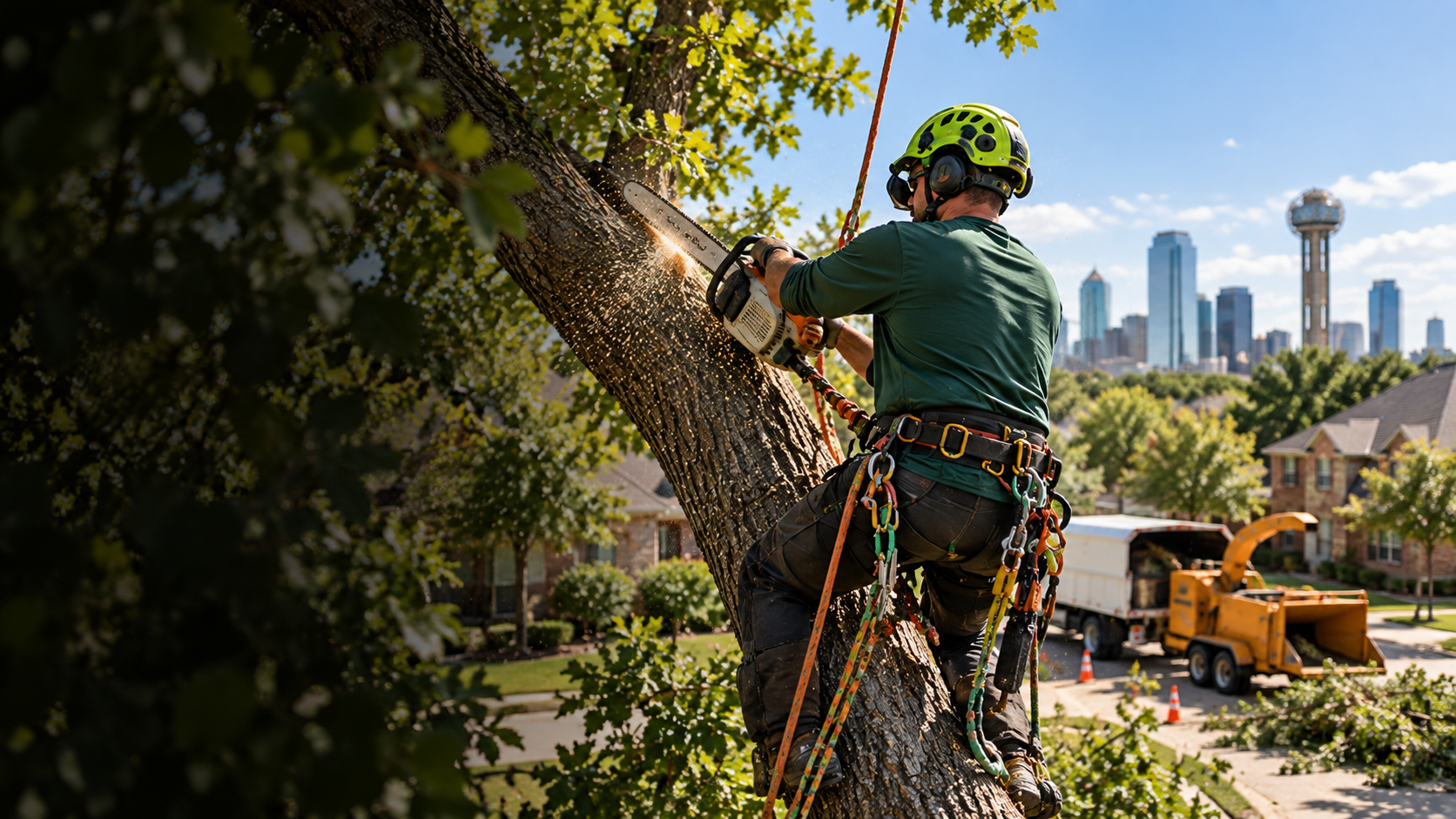 Tree-service worker cutting a large limb
